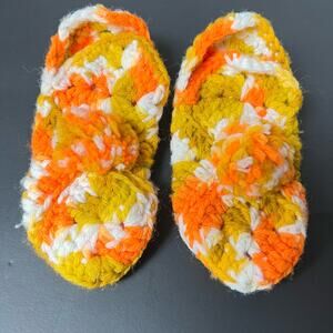 Vintage crocheted children’s slippers retro orange yellow pom-pom
